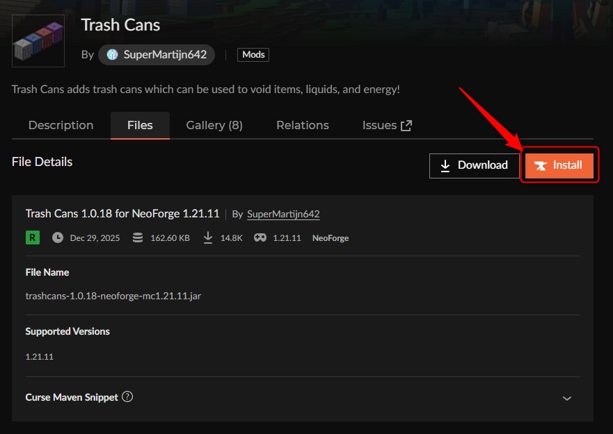 Trash CansのInstallボタンをクリックする画面