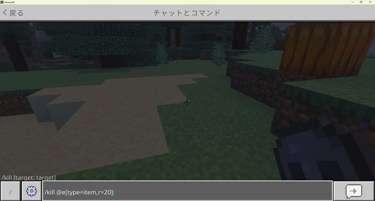 マイクラ統合版でkillコマンドの半径指定で範囲内のアイテムだけ削除する画面