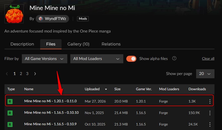 CurseForgeのMine Mine no Miページでバージョンを選択する画面