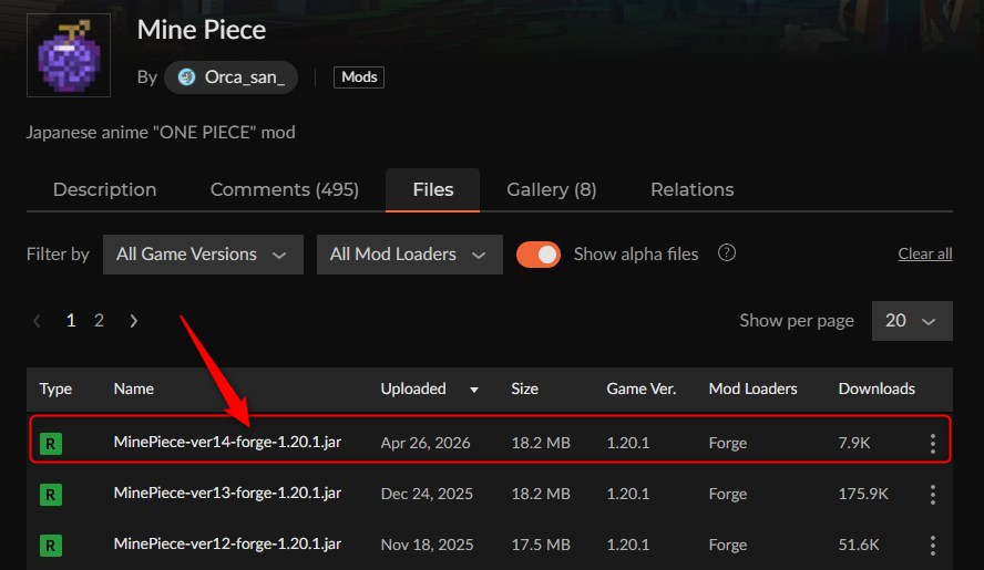 CurseForgeのMine Pieceページでバージョンを選択する画面