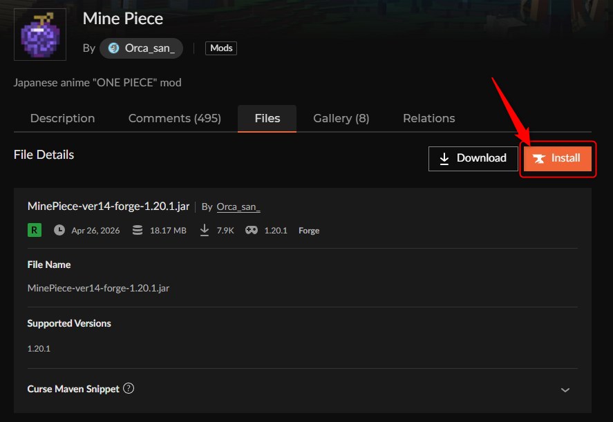 Mine PieceのInstallボタンをクリックする画面