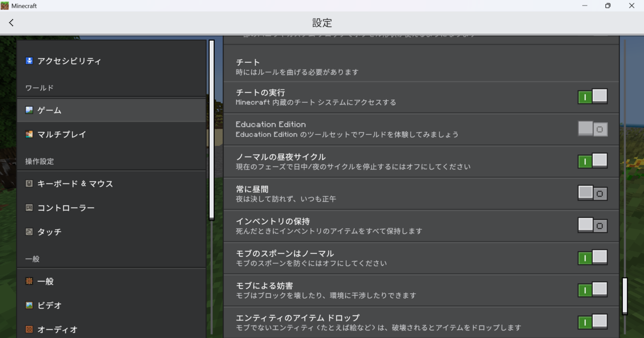 ワールド設定でクリエイティブとチートを許可をONにする画面