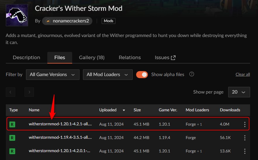 CurseForgeのCracker's Wither Storm Modページでバージョンを選択する画面