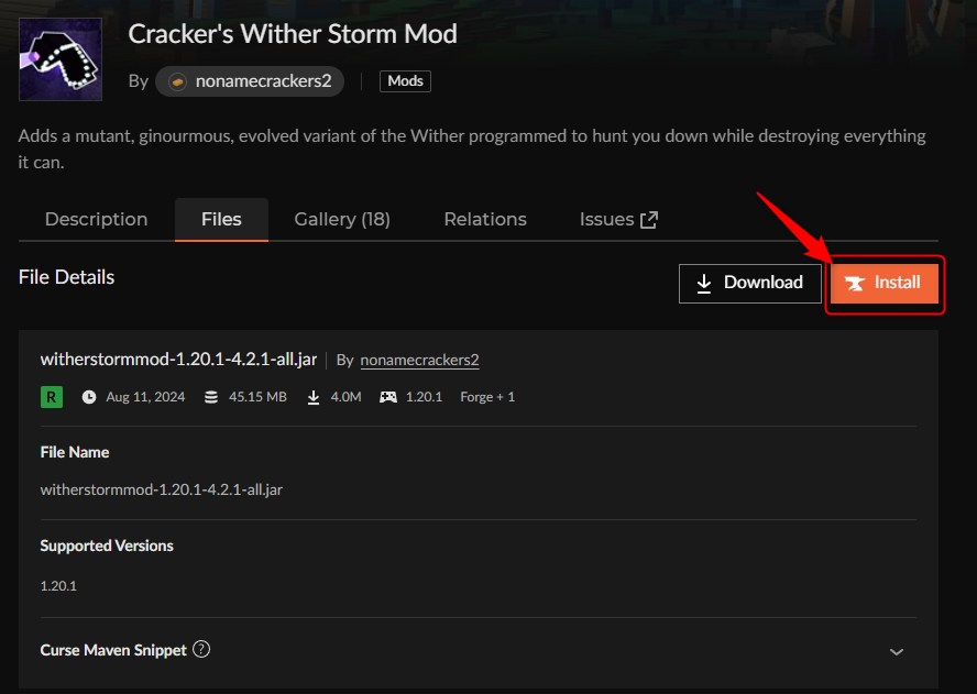 Cracker's Wither Storm ModのInstallボタンをクリックする画面