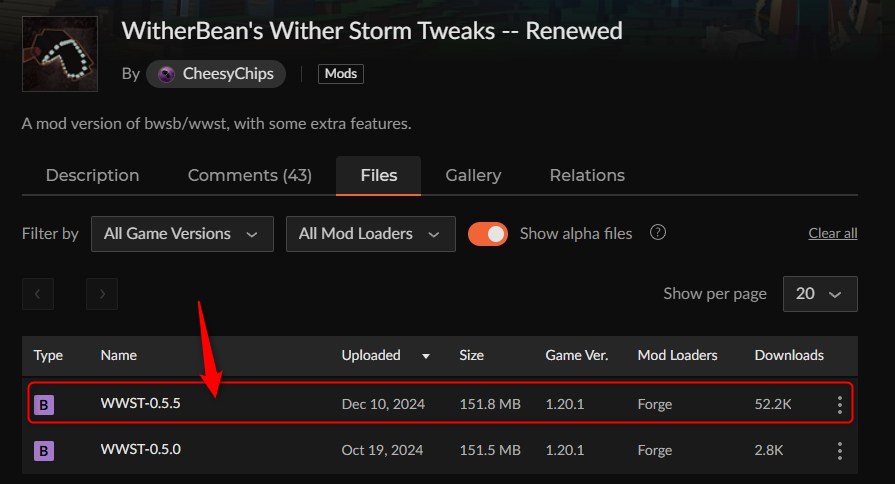 CurseForgeのWitherBean's Wither Storm Tweaksページでバージョンを選択する画面