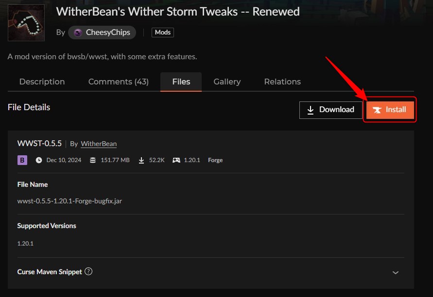 WitherBean's Wither Storm TweaksのInstallボタンをクリックする画面