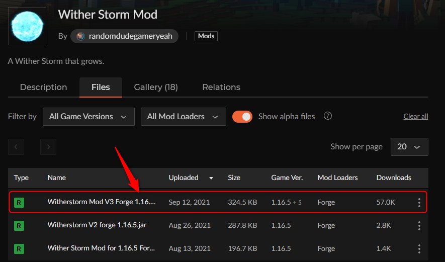 CurseForgeのWither Storm Modページでバージョンを選択する画面