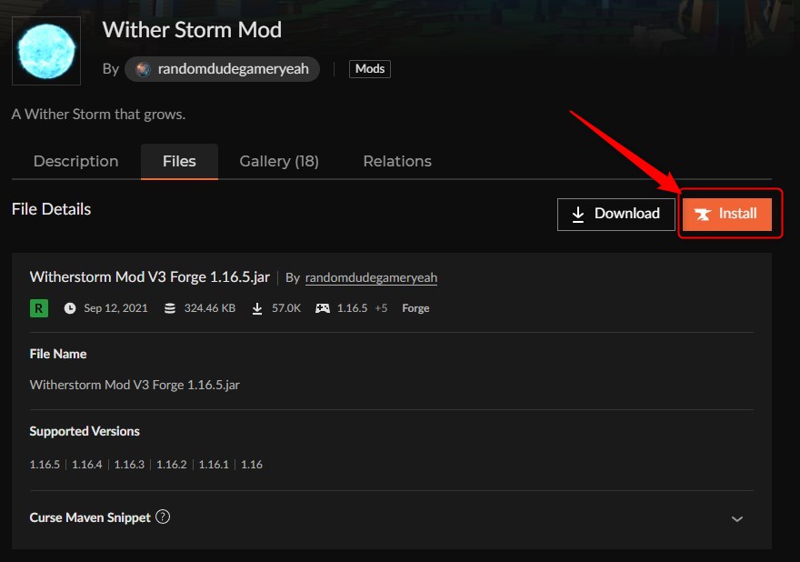 Wither Storm ModのInstallボタンをクリックする画面