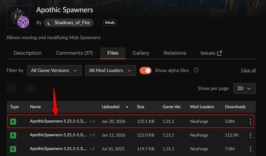 CurseForgeのApothic Spawnersページで1.21.1 NeoForge版を選択する画面