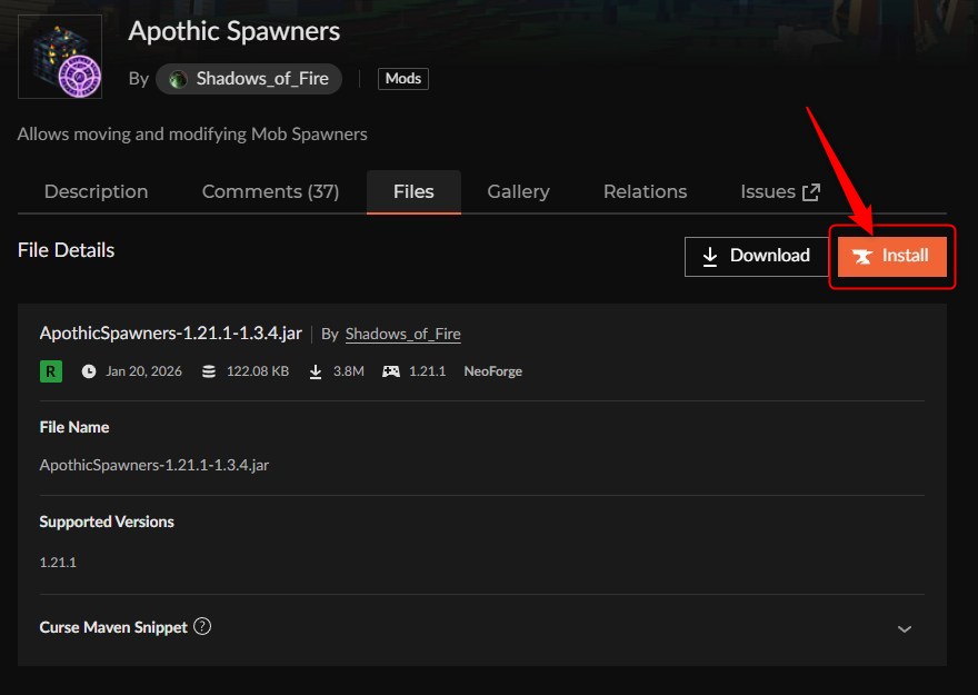 Apothic SpawnersのInstallボタンをクリックする画面