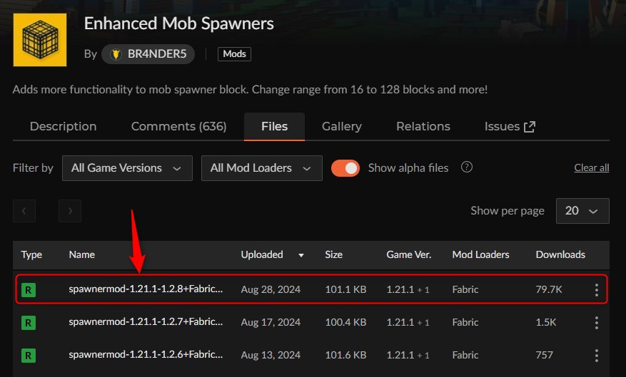 CurseForgeのEnhanced Mob Spawnersページでバージョンを選択する画面