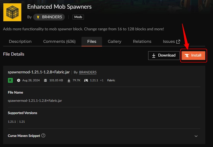 Enhanced Mob SpawnersのInstallボタンをクリックする画面