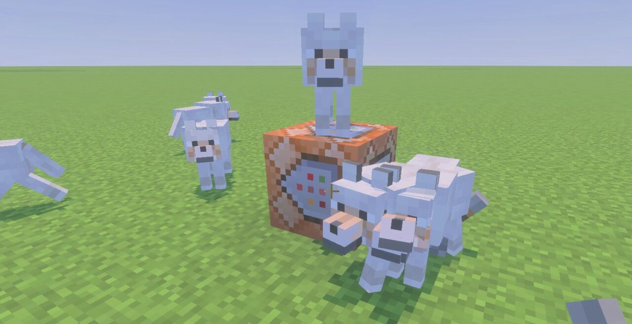 コマンドブロックでオオカミを大量召喚した画面