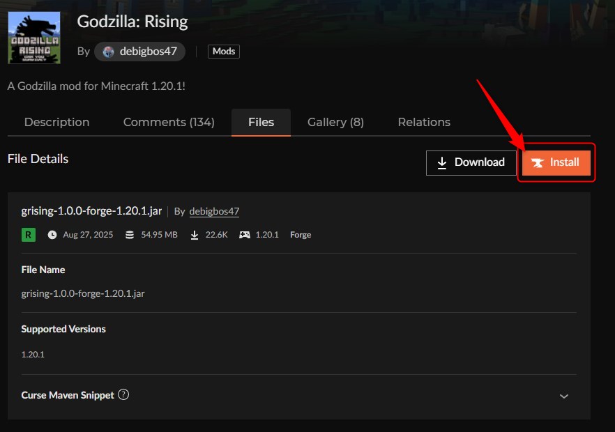CurseForge AppでGodzilla: RisingのInstallボタンをクリックする画面