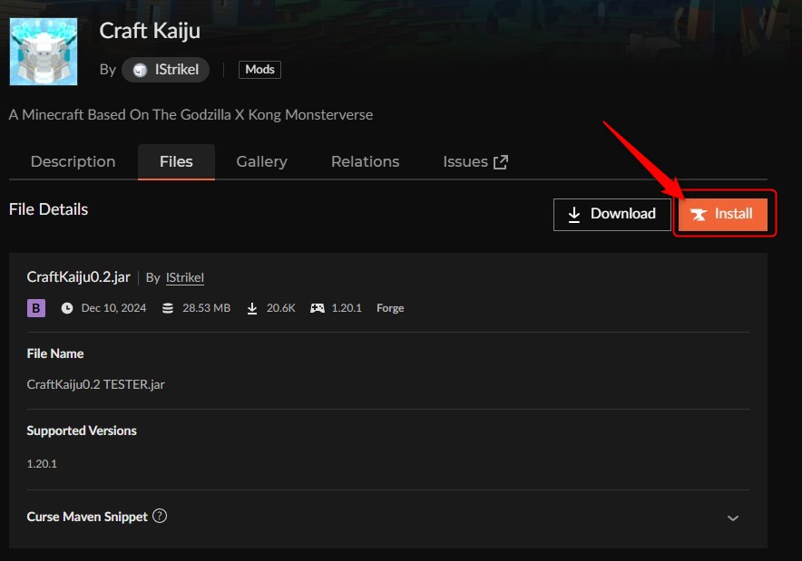 CurseForge AppでCraft KaijuのInstallボタンをクリックする画面