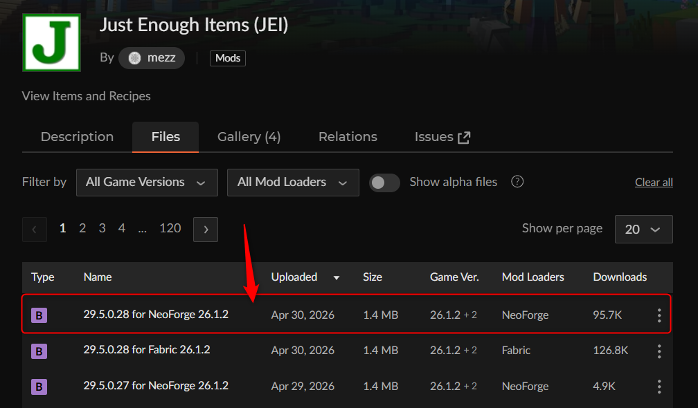 CurseForgeの「Just Enough Items (JEI)」ページにアクセスして、導入したい最新のバージョンを選択
