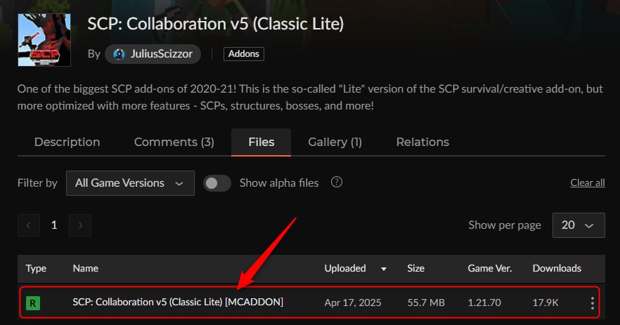 マイクラSCPアドオンをカースフォージからダウンロード（Collaboration v5）
