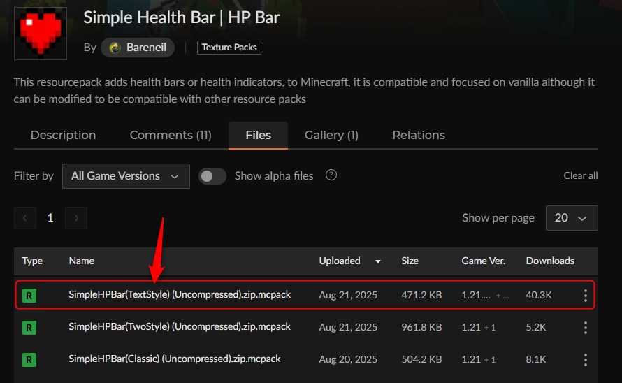 カースフォージのSimple Health Barダウンロードページ