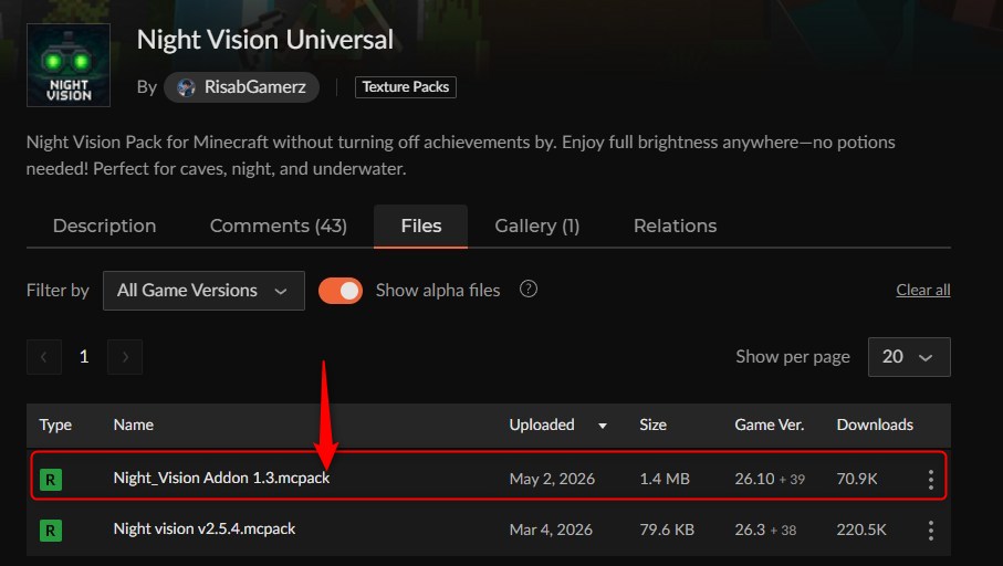 カースフォージのNight Vision Universalのダウンロードページ