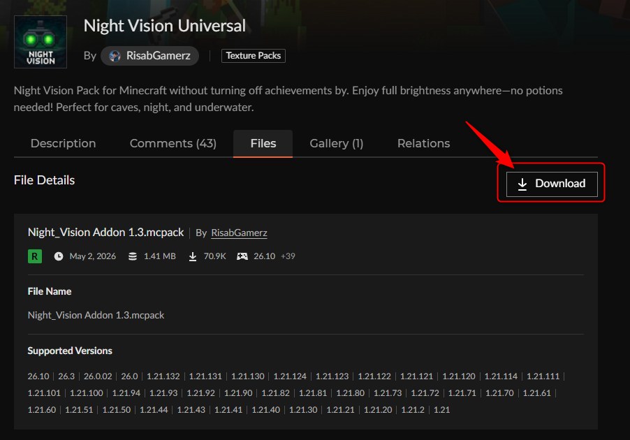 カースフォージのDownloadボタン（Night Vision Universal）