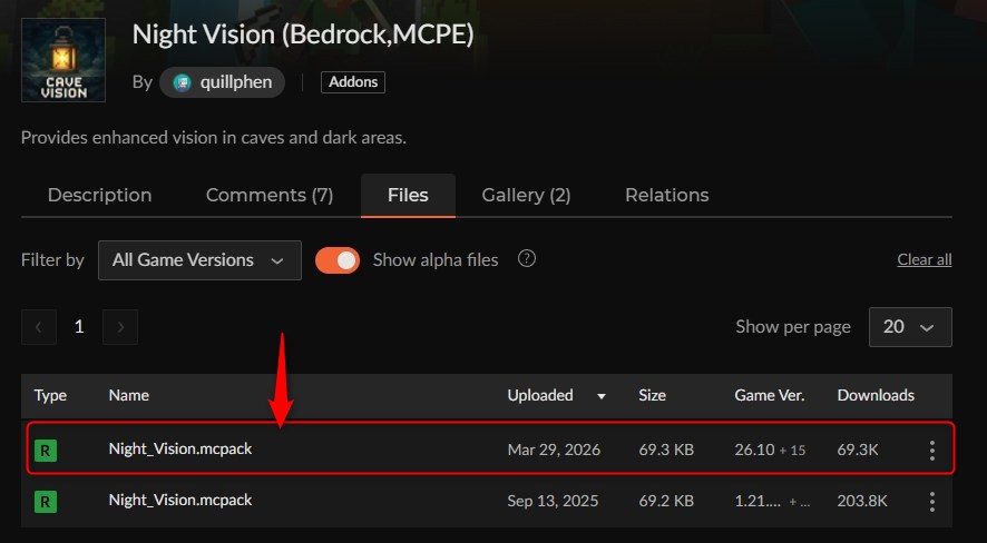 カースフォージのNight Vision Bedrock MCPEのダウンロードページ