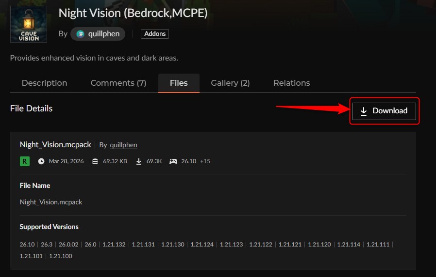 カースフォージのDownloadボタン(Night Vision Bedrock MCPE)