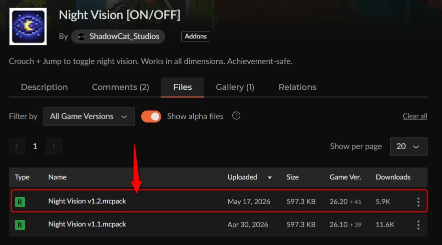 カースフォージのNight Vision ON/OFFのダウンロードページ