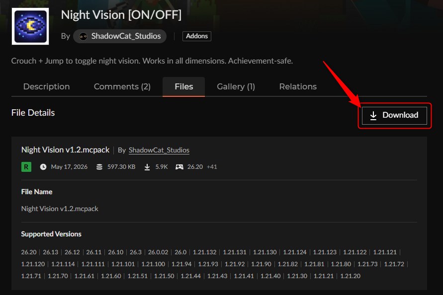 カースフォージのDownloadボタン(Night Vision ON/OFF)