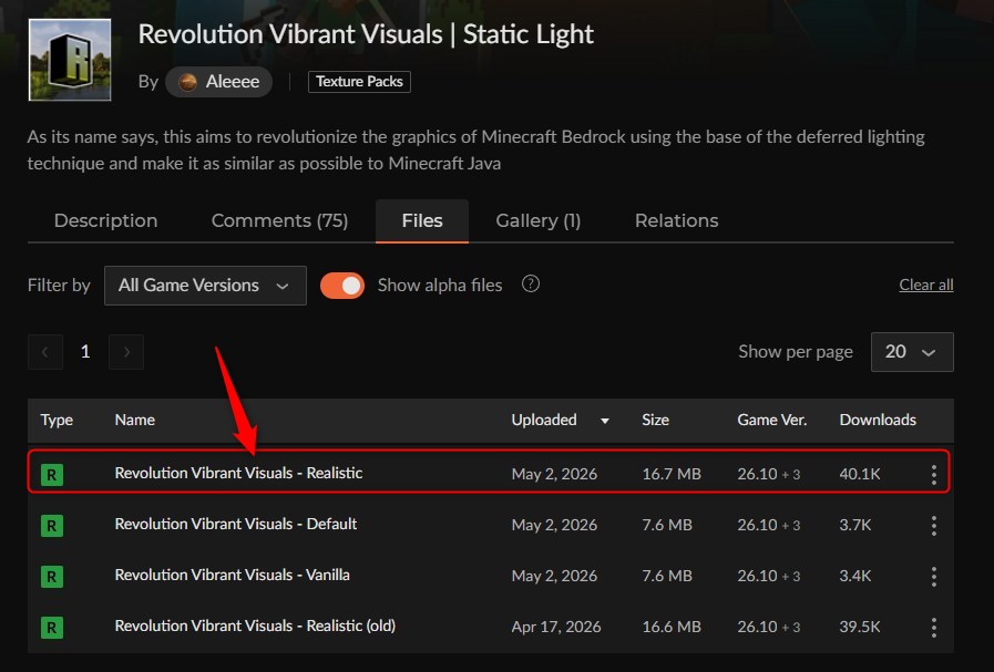カースフォージのRevolution Vibrant Visualsダウンロードページ