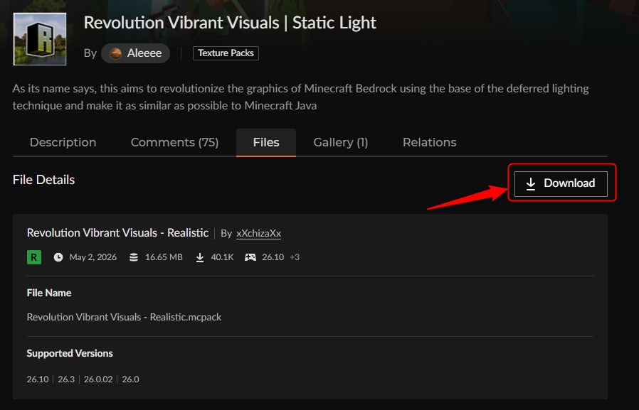 カースフォージのDownloadボタン(Revolution Vibrant Visuals)