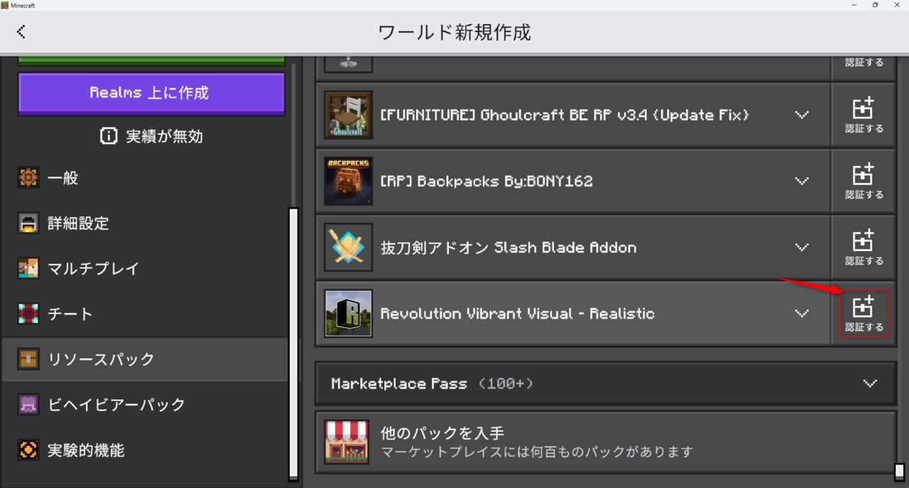 Revolution Vibrant Visualsをリソースパックで認証した画面