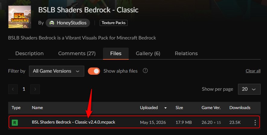 カースフォージのBSLB Shaders Bedrockダウンロードページ