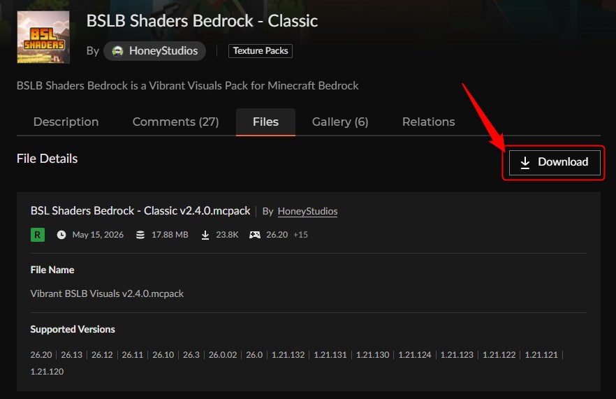 カースフォージのDownloadボタン(BSLB Shaders Bedrock)