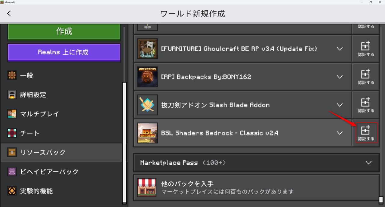 BSLB Shaders Bedrockをリソースパックで認証した画面
