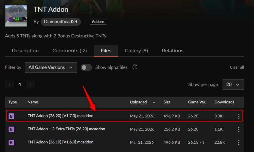 TNT AddonのCurseForgeダウンロードページ