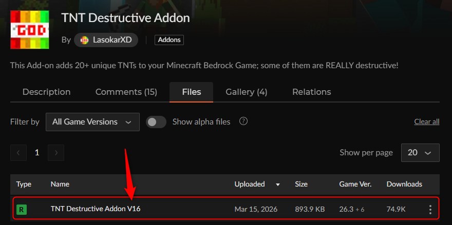 TNT Destructive AddonのCurseForgeダウンロードページ