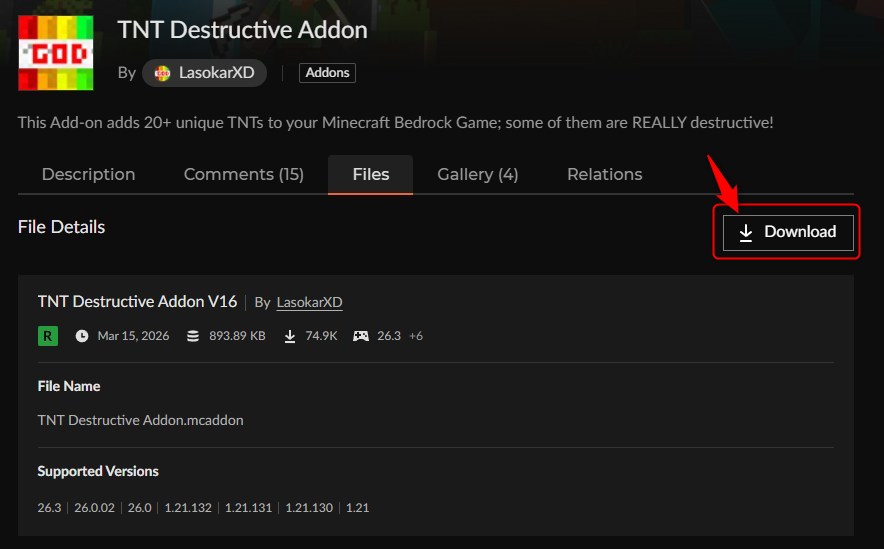 TNT Destructive AddonのDownloadボタン
