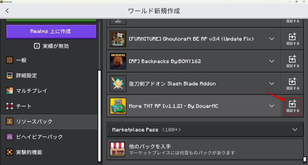 More TNTのリソースパックを認証する画面