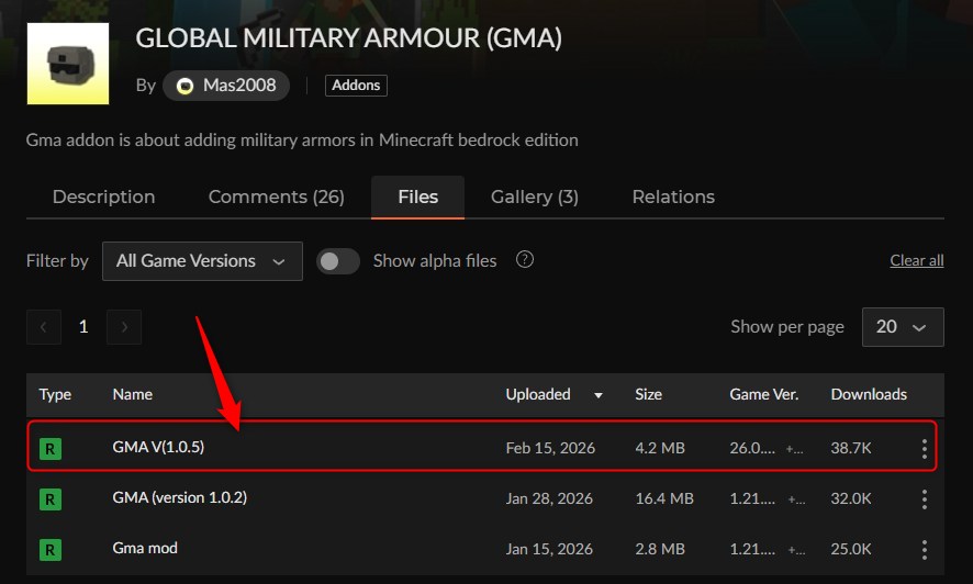 GLOBAL MILITARY ARMOURのCurseForgeダウンロードページ