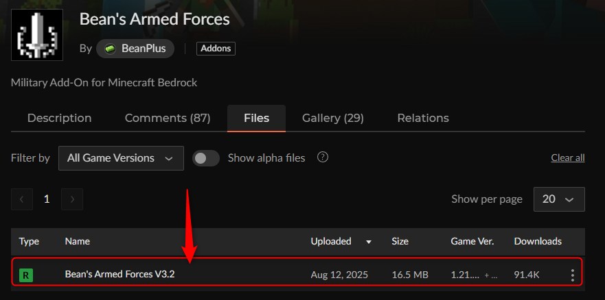 Bean's Armed ForcesのCurseForgeダウンロードページ