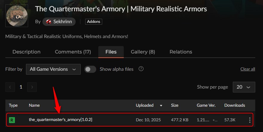 The Quartermaster's ArmoryのCurseForgeダウンロードページ
