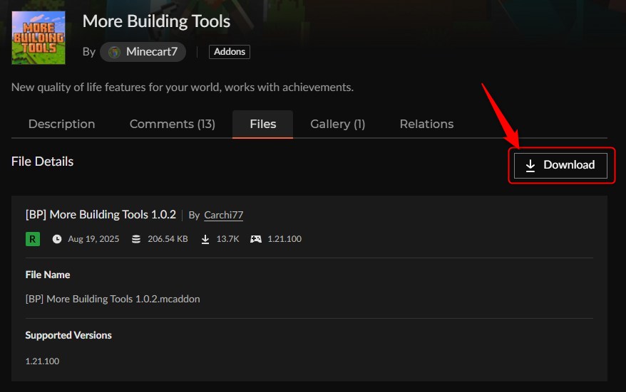 More Building ToolsのビヘイビアパックDownloadボタン