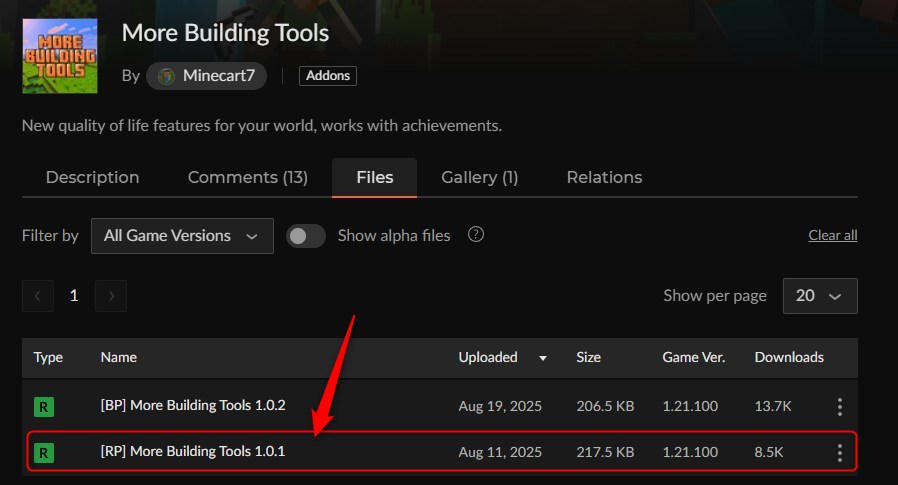 More Building Toolsのリソースパックダウンロードページ