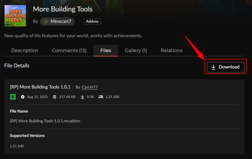 More Building ToolsのリソースパックDownloadボタン