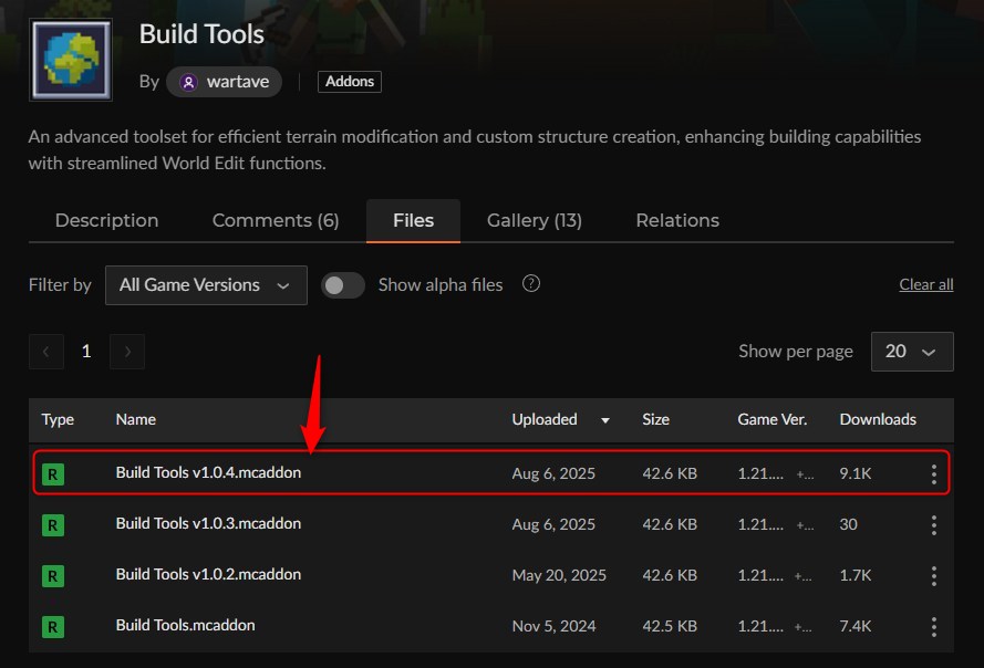 Build ToolsのCurseForgeダウンロードページ