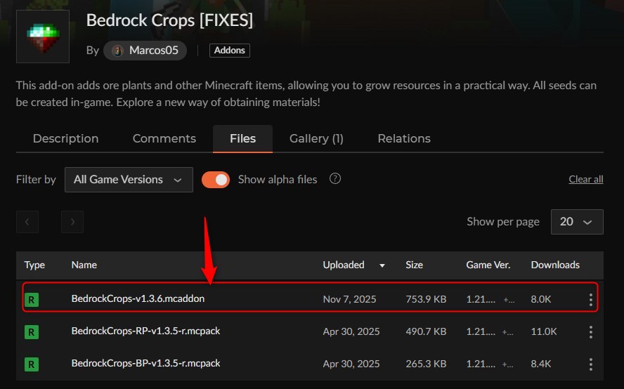 農業アドオン「Bedrock Crops [FIXES]」の入れ方1