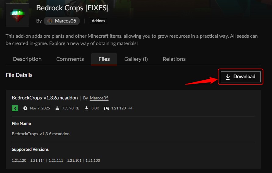 農業アドオン「Bedrock Crops [FIXES]」の入れ方2
