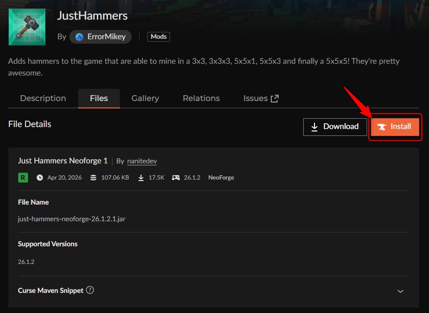 JustHammersのInstallボタンを押す画面