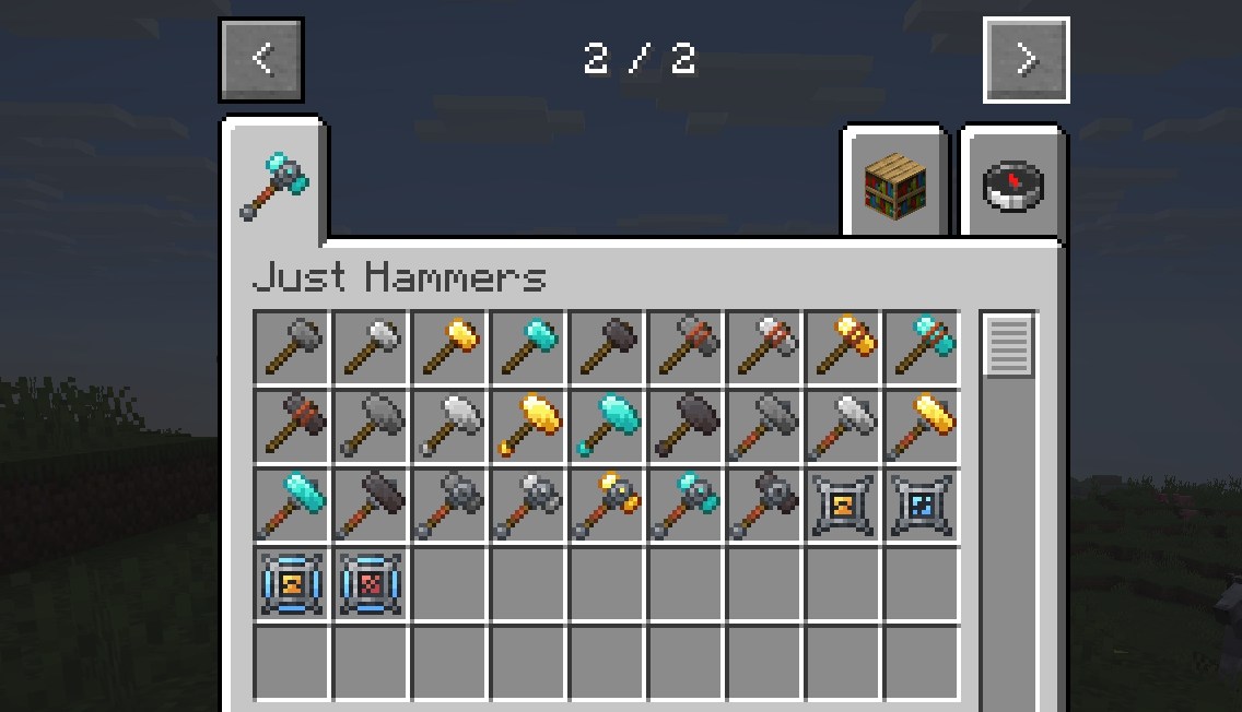 マイクラのクリエイティブインベントリにJustHammersのハンマーが並ぶ画面