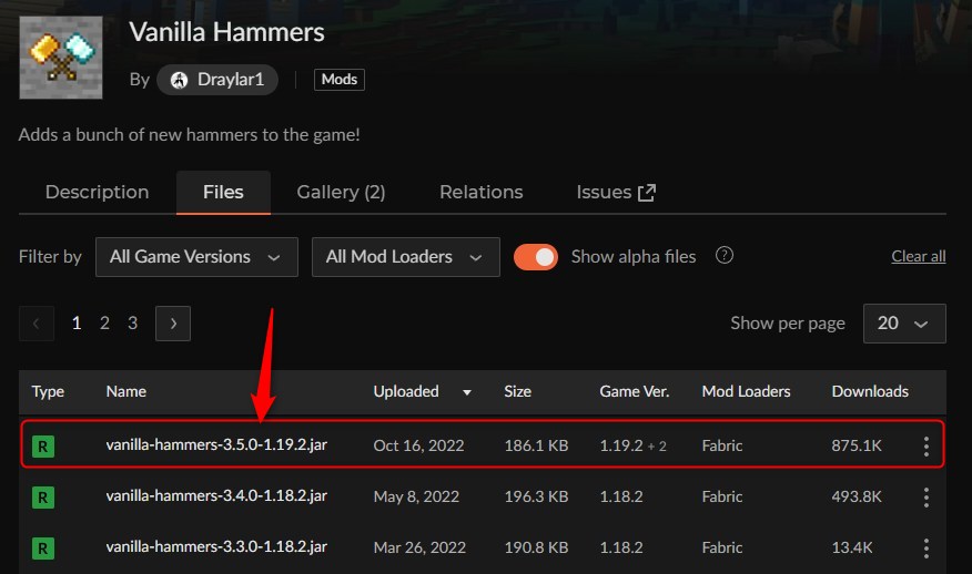 CurseForgeのVanilla Hammersページでバージョンを選ぶ画面